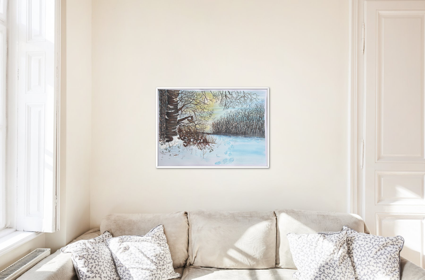 Winter landscape painting with footprints and bare branches at dusk
