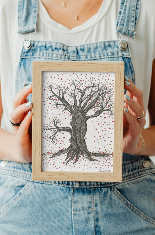 Autumn Tree Art Print A5 Framed being held