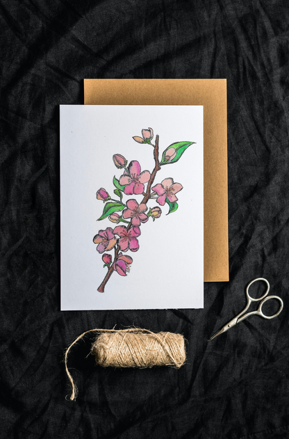 Cherry Blossom Branch Art Print Greeting Card with String