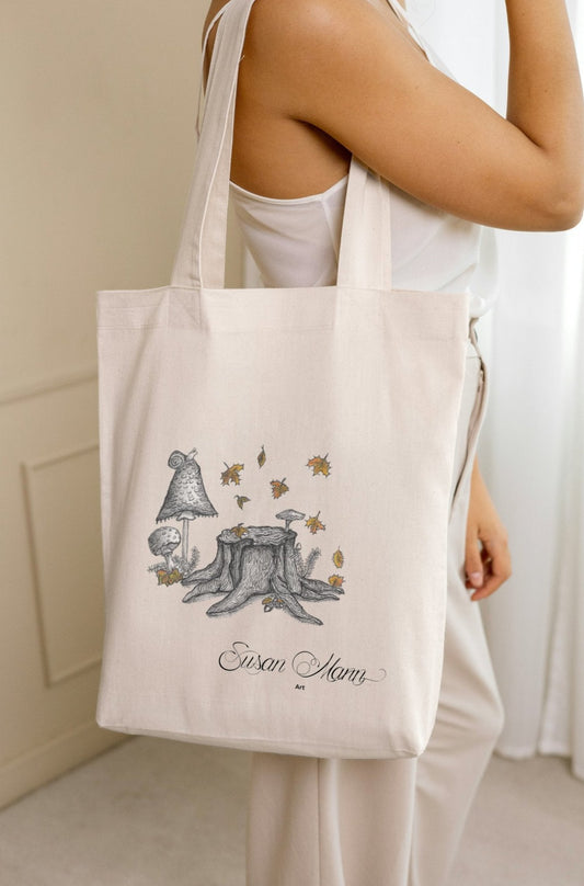 Autumn Cosy Scene Tote Bag on shoulder