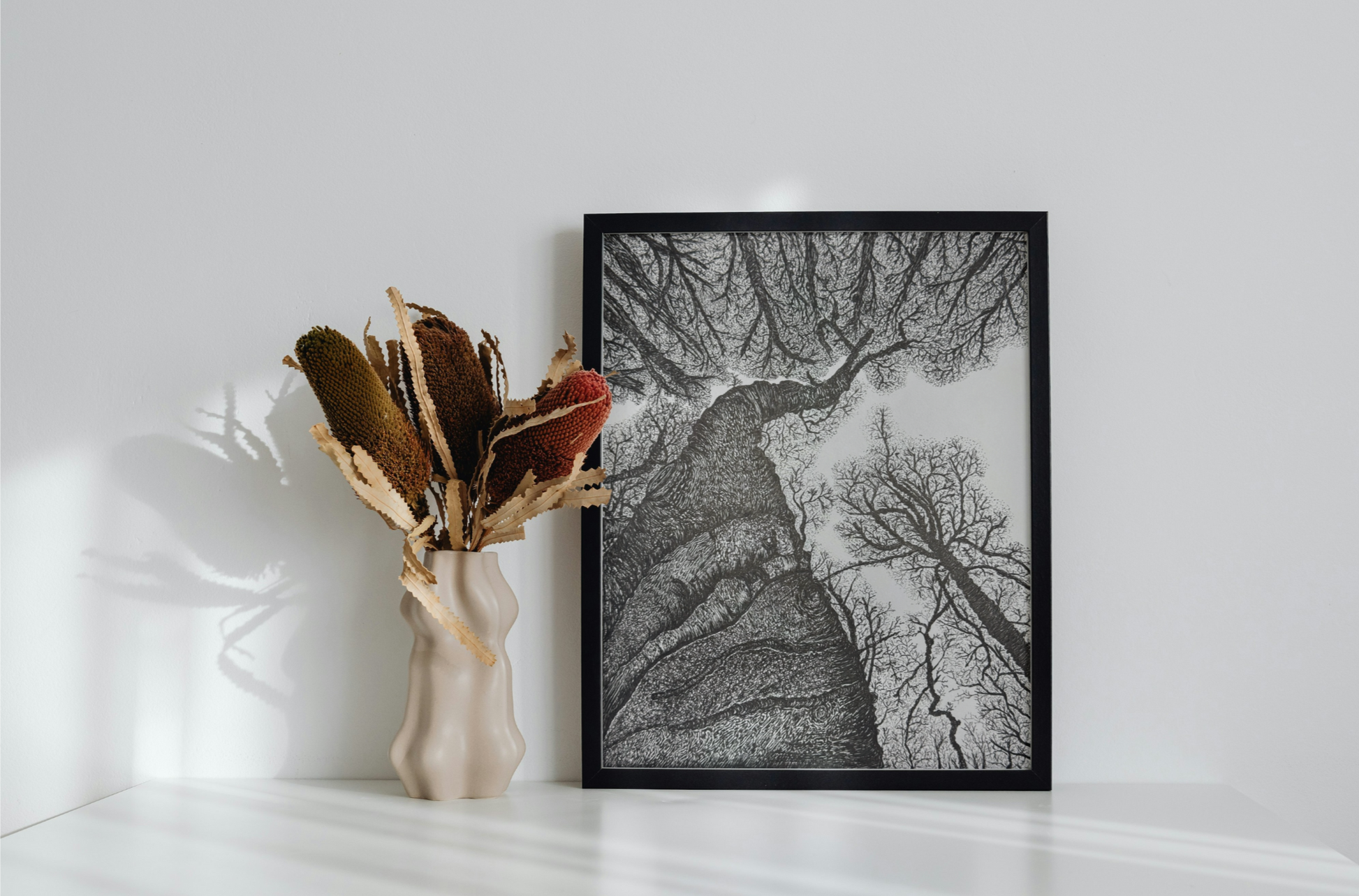 Intricate black and white pen drawing of trees viewed from below
