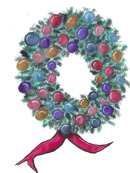 Christmas Wreath Art Print Greeting Card - Susan Mann Art