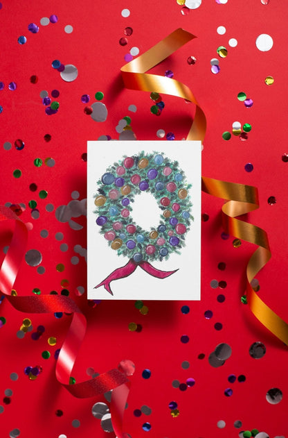 Christmas Wreath Art Print Greeting Card - Susan Mann Art