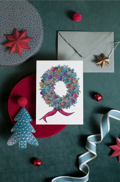 Christmas Wreath Art Print Greeting Card - Susan Mann Art