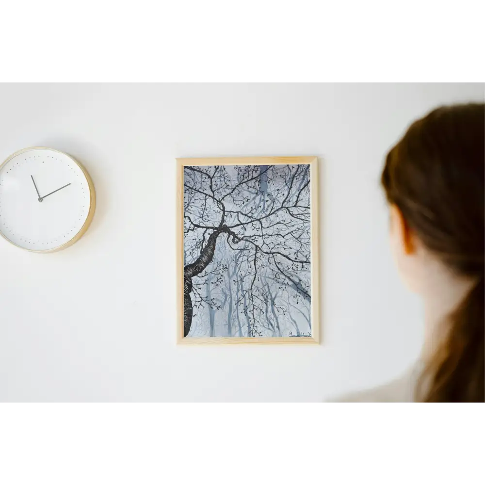 Misty Tree Art Print A4 Frame with clock