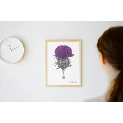 Purple Thistle Art Print A4 Frame with Clock