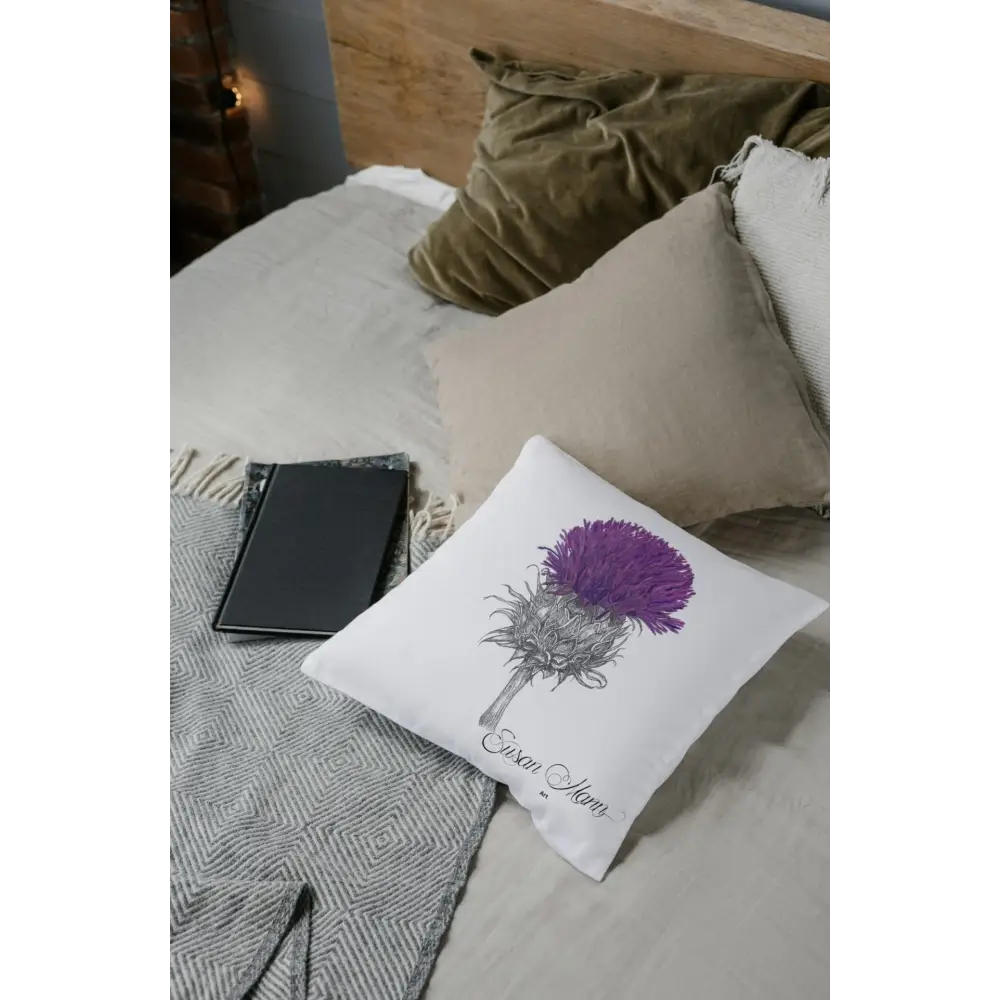 Purple Thistle Cushion on bed