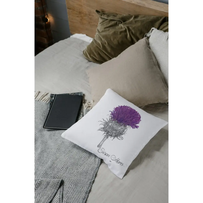 Purple Thistle Cushion on bed