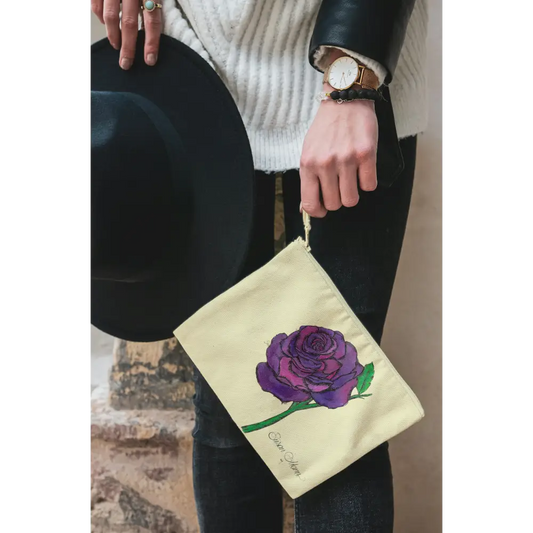 Rose Art Print Canvas Zipper Bag Natural Purple Rose