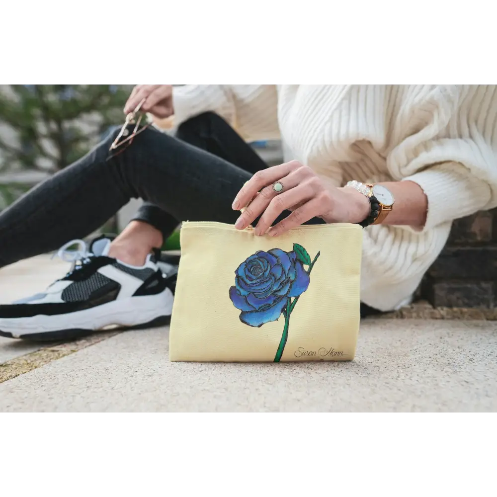 Rose Art Print Canvas Zipper Bag Natural Blue Rose