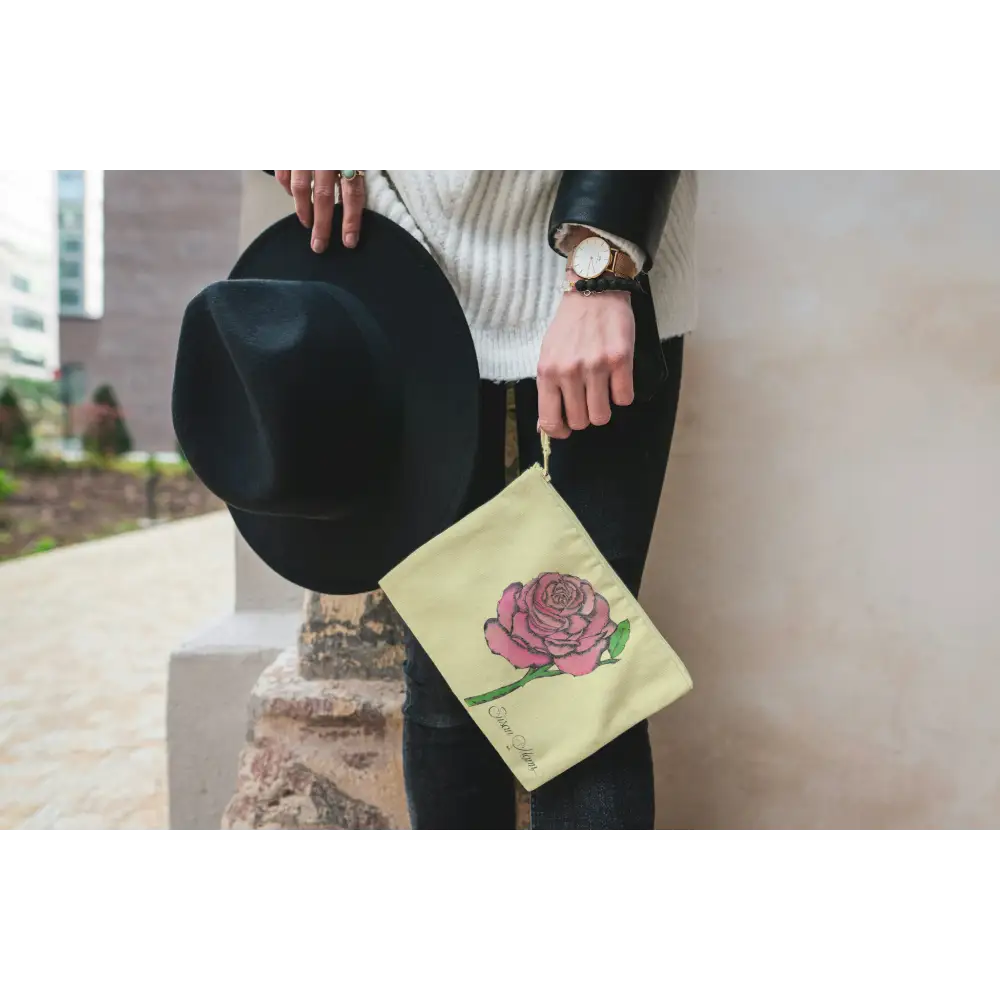 Rose Art Print Canvas Zipper Bag Natural Pink Rose