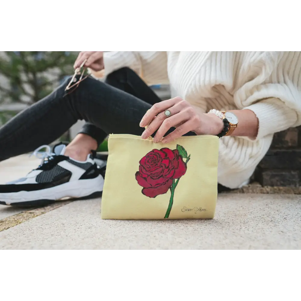 Rose Art Print Canvas Zipper Bag Natural Red Rose