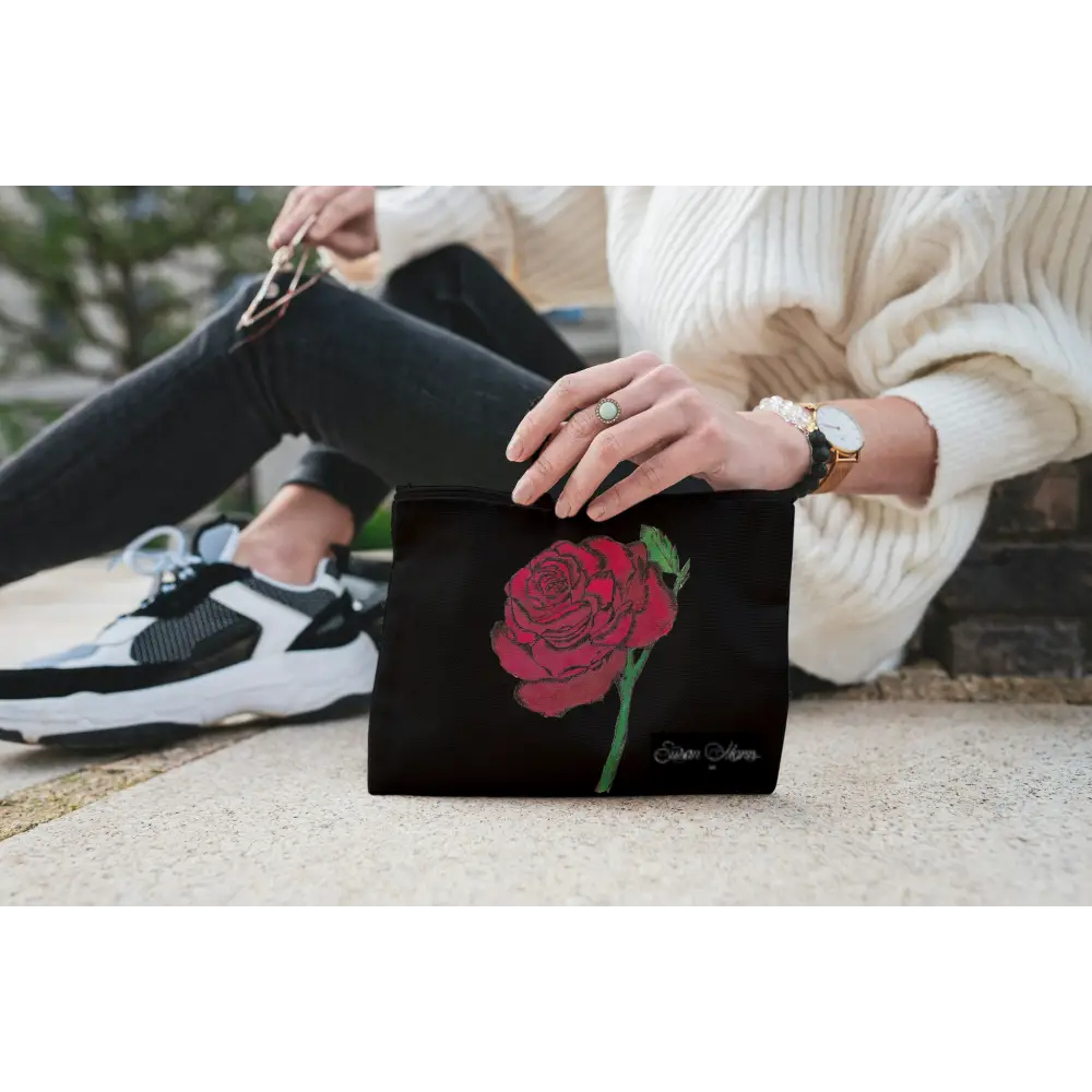 Rose Art Print Canvas Zipper Bag Natural Red Rose