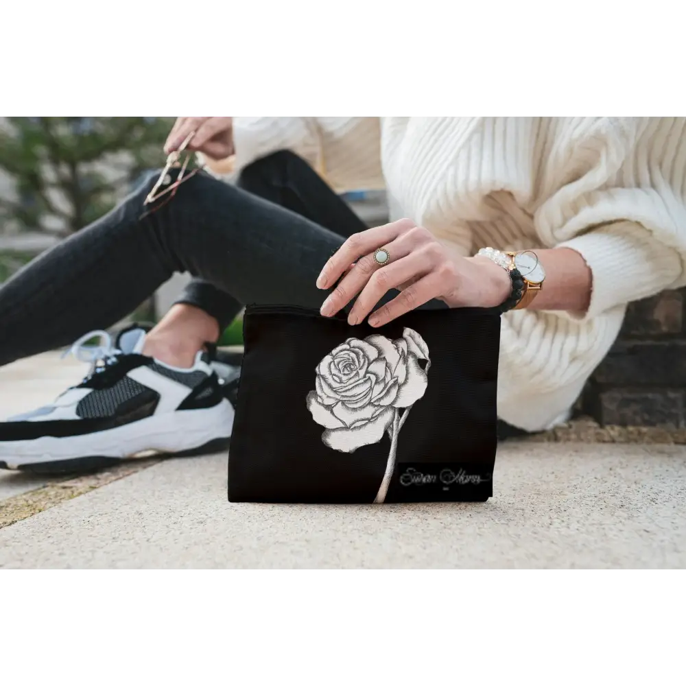 Rose Art Print Canvas Zipper Bag Black White Rose