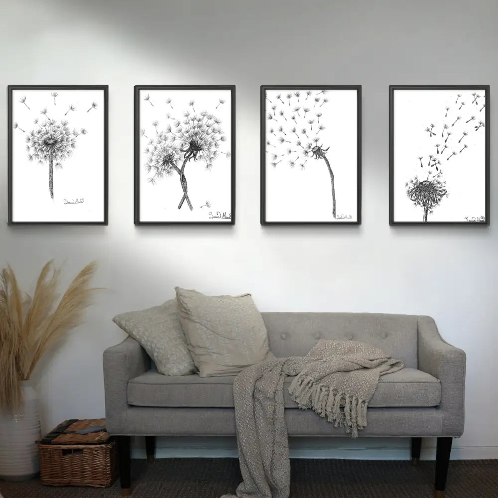 Dandelion Art Wall Prints Framed in black and on the wall 