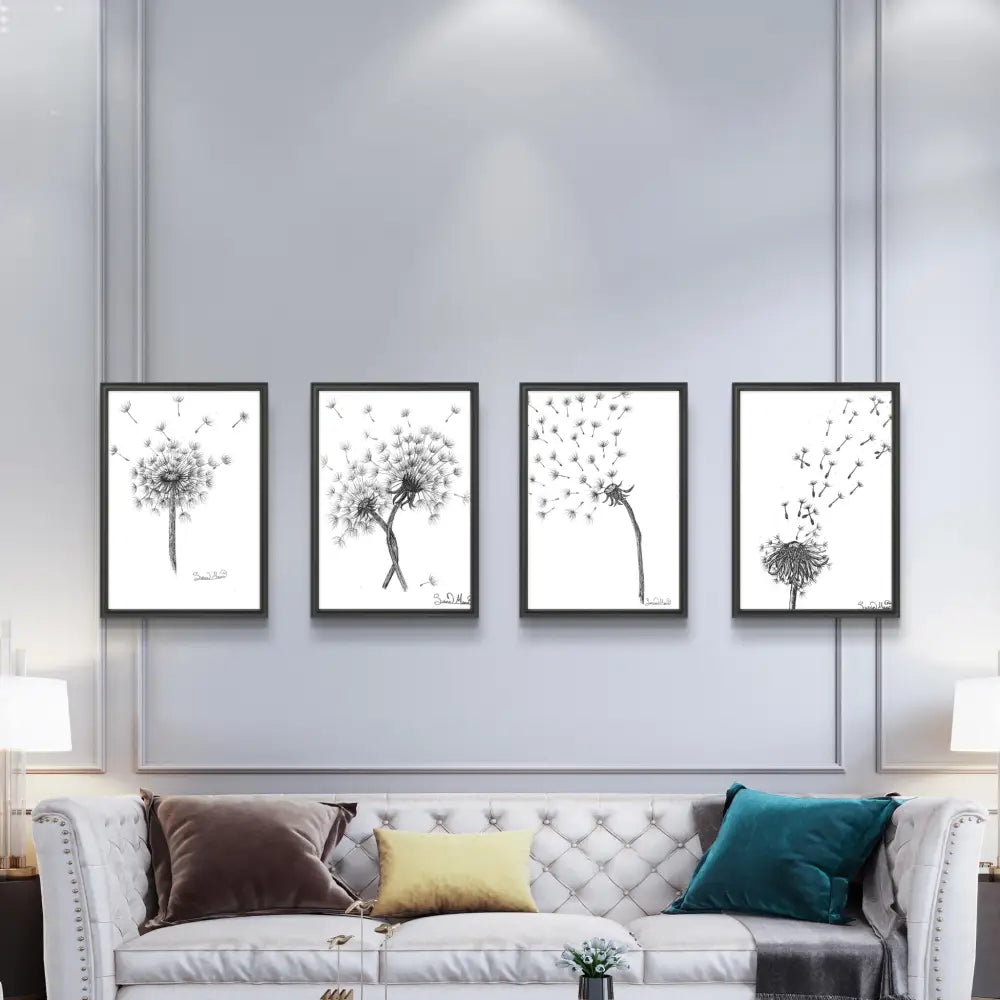 Dandelion Art Prints A4 Framed in black frames hanging on the wall