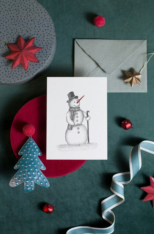 Snowman Carrot Nose Art Print Christmas Greeting Card - Susan Mann Art