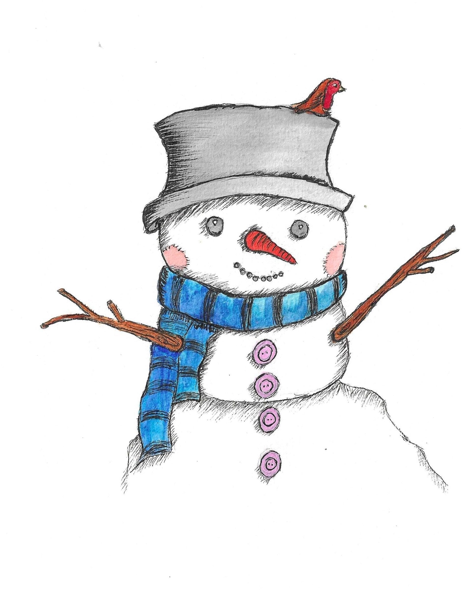 Snowman Face Art Print Christmas Greeting Card - Susan Mann Art