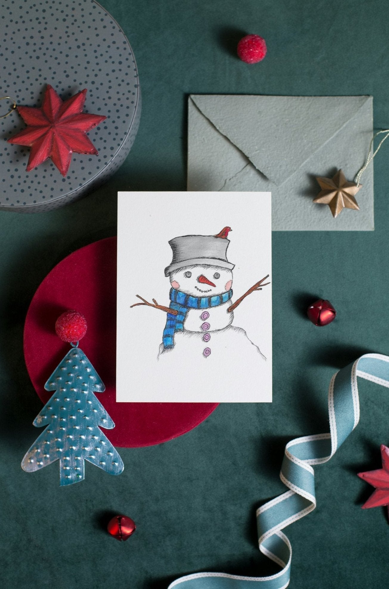 Snowman Face Art Print Christmas Greeting Card - Susan Mann Art