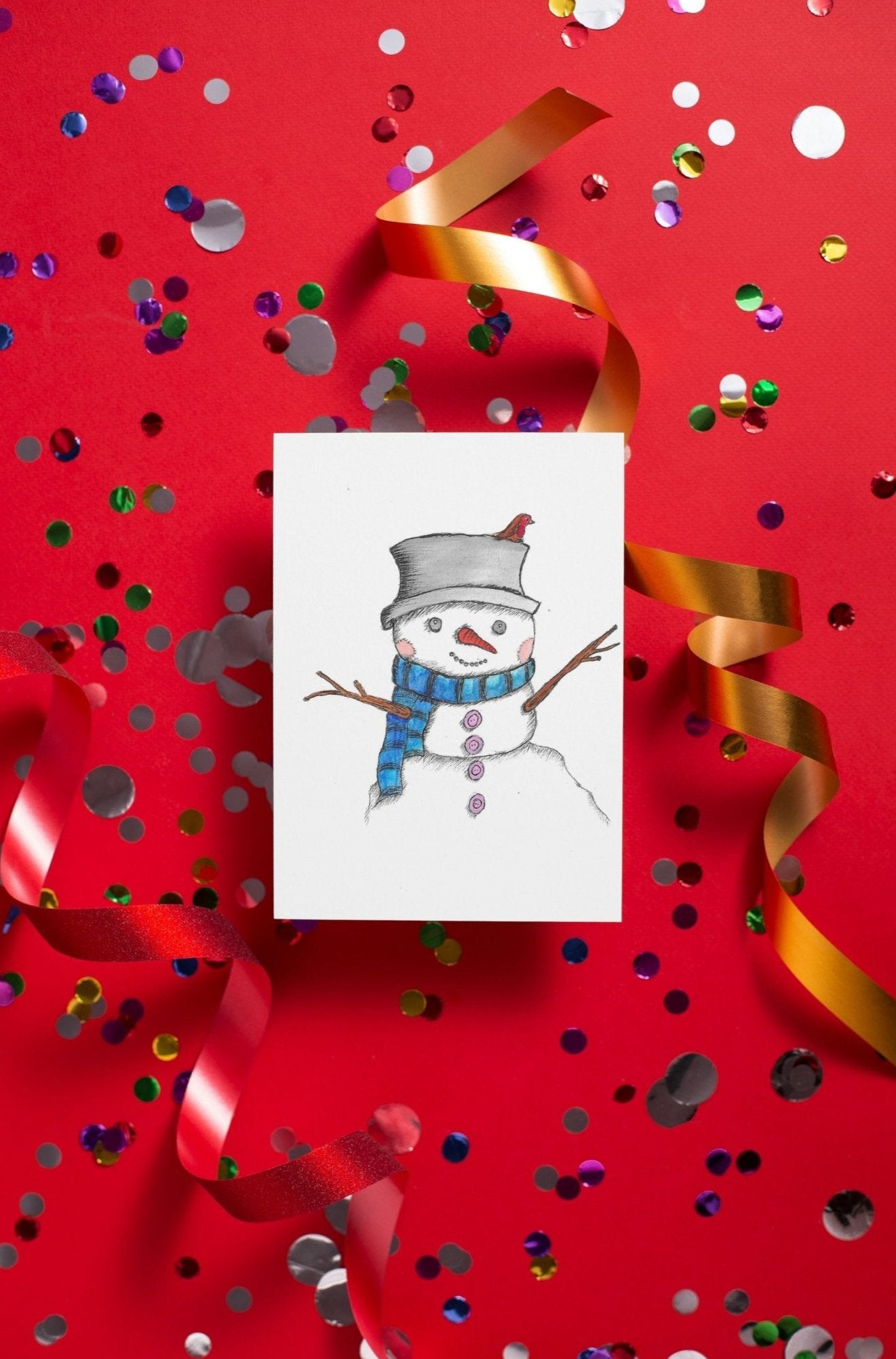 Snowman Face Art Print Christmas Greeting Card - Susan Mann Art