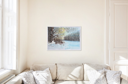 Winter landscape painting with footprints and bare branches at dusk