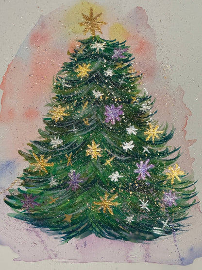 Sparkly Christmas Tree Art Print Greeting Card - Susan Mann Art