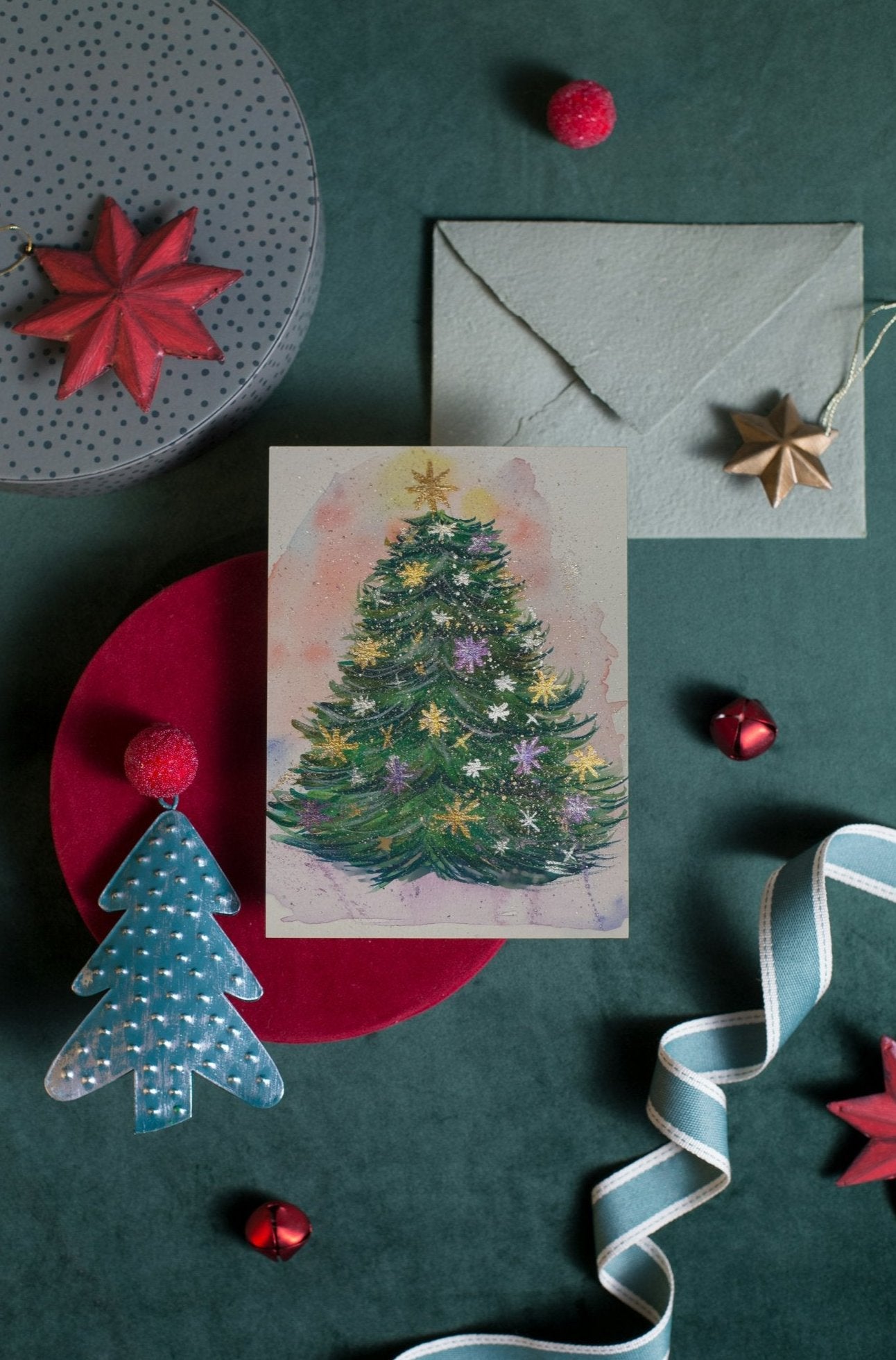 Sparkly Christmas Tree Art Print Greeting Card - Susan Mann Art